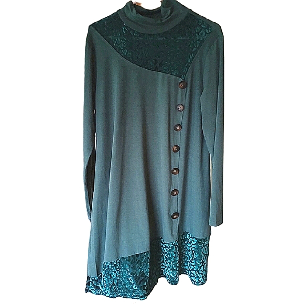 Tunic/Dress Teal Green Long Sleeve with Button Detail Cut velvet accents Size XL - Picture 3 of 6